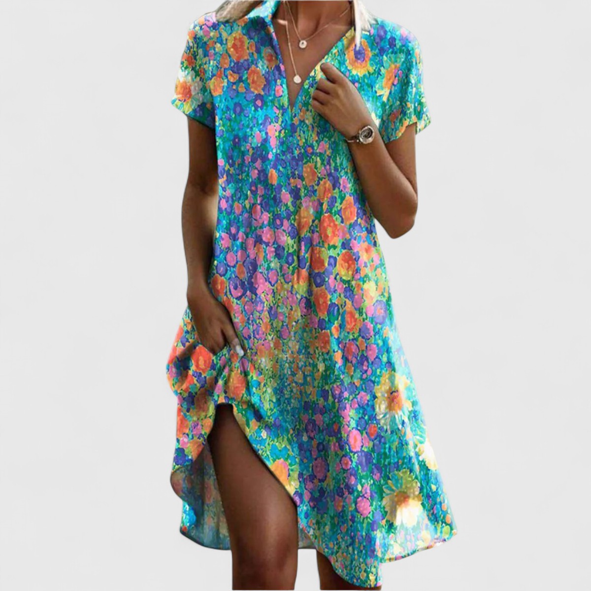 Delphine Saintclair | Blue Star Print Short Sleeve Midi Dress