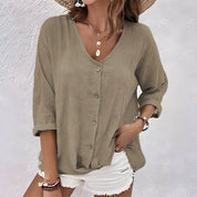 Lucinda Fairvaux | Sage Green V-Neck Button-Up Linen Blouse