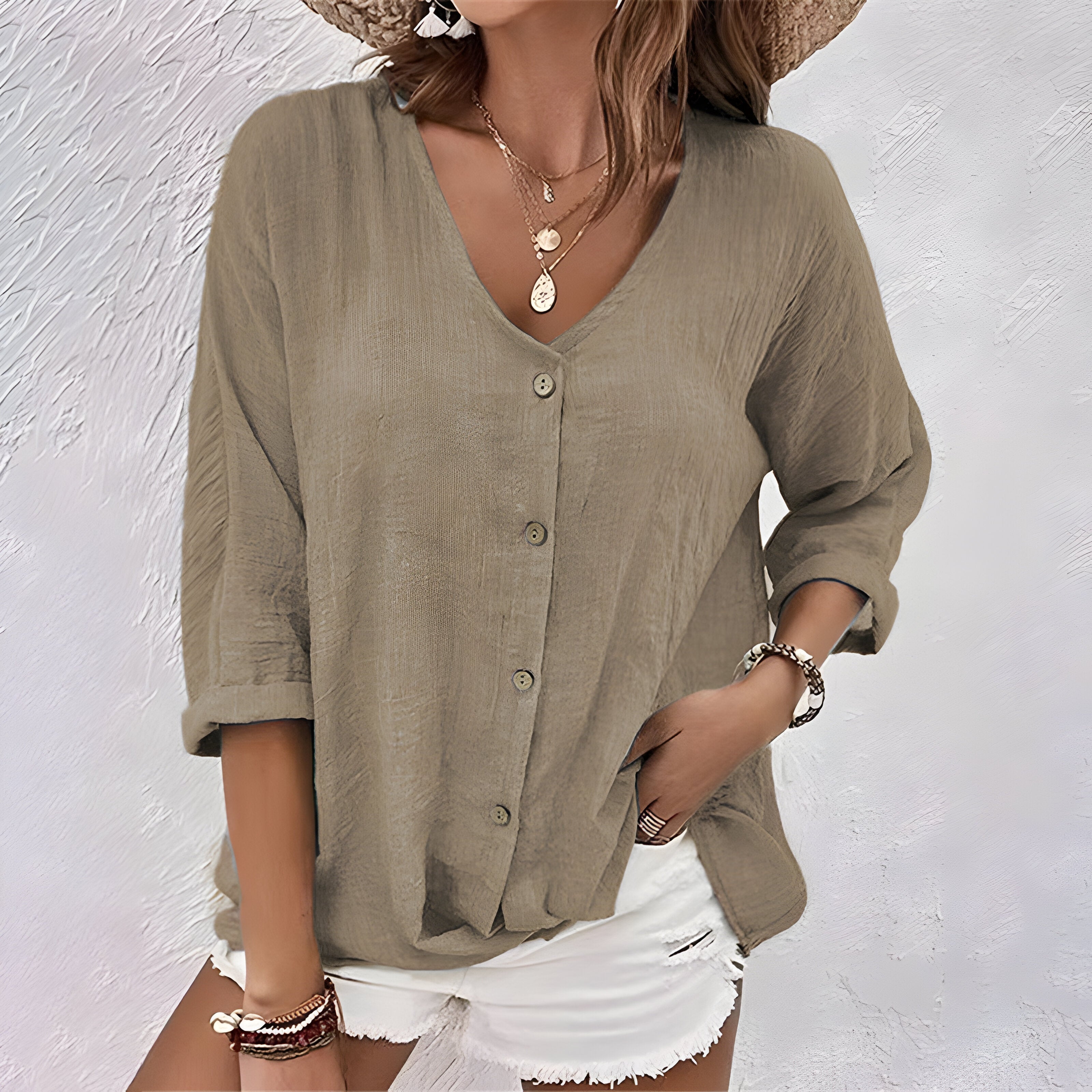 Lucinda Fairvaux | Sage Green V-Neck Button-Up Linen Blouse