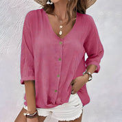 Lucinda Fairvaux | Sage Green V-Neck Button-Up Linen Blouse