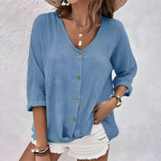 Lucinda Fairvaux | Sage Green V-Neck Button-Up Linen Blouse