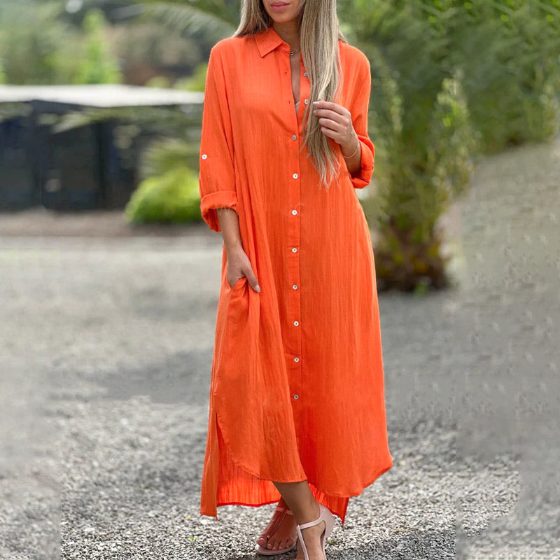 Beatrice Wyndclaire | White Linen Maxi Shirt Dress with Button-Down Front