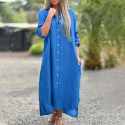 Beatrice Wyndclaire | White Linen Maxi Shirt Dress with Button-Down Front