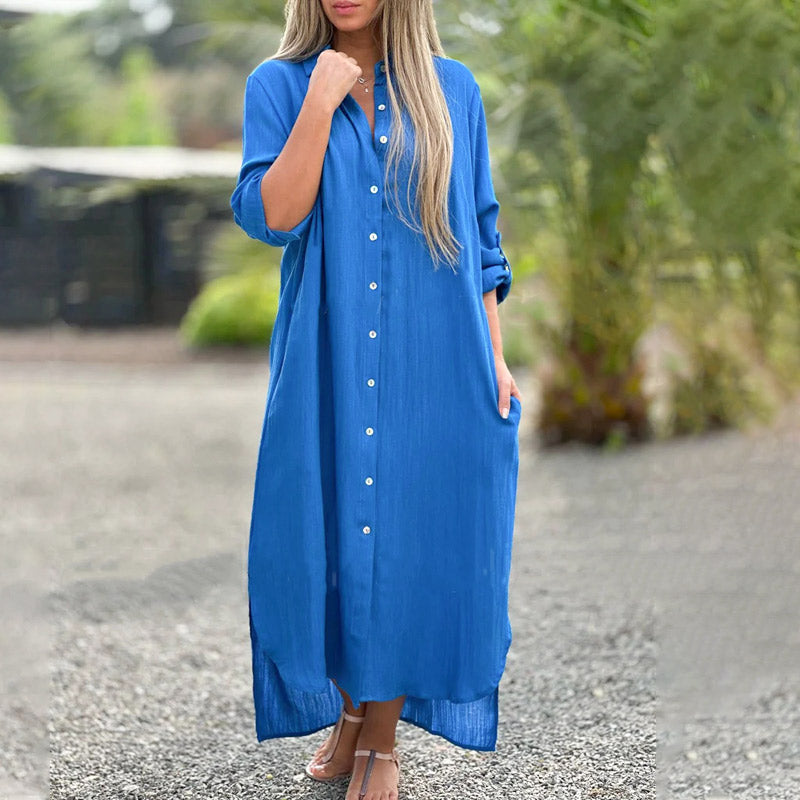 Beatrice Wyndclaire | White Linen Maxi Shirt Dress with Button-Down Front