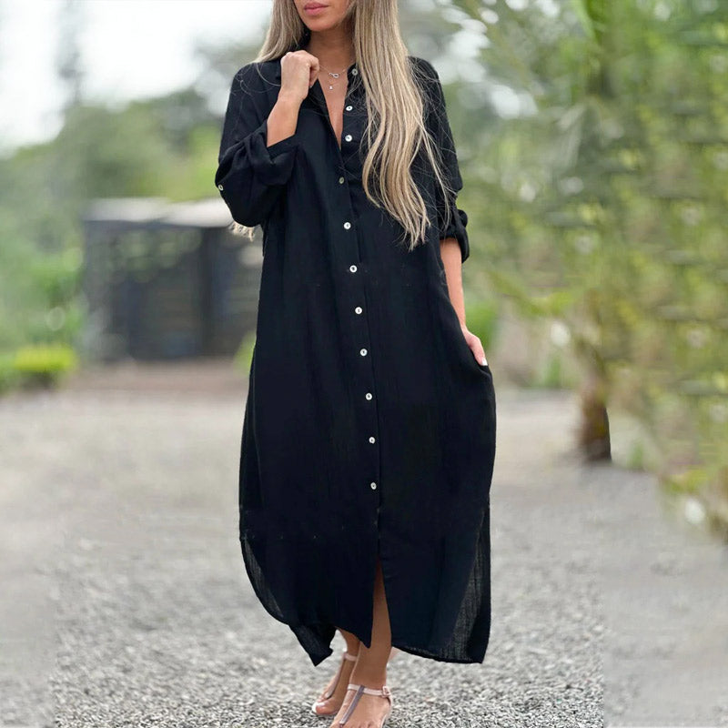 Beatrice Wyndclaire | White Linen Maxi Shirt Dress with Button-Down Front