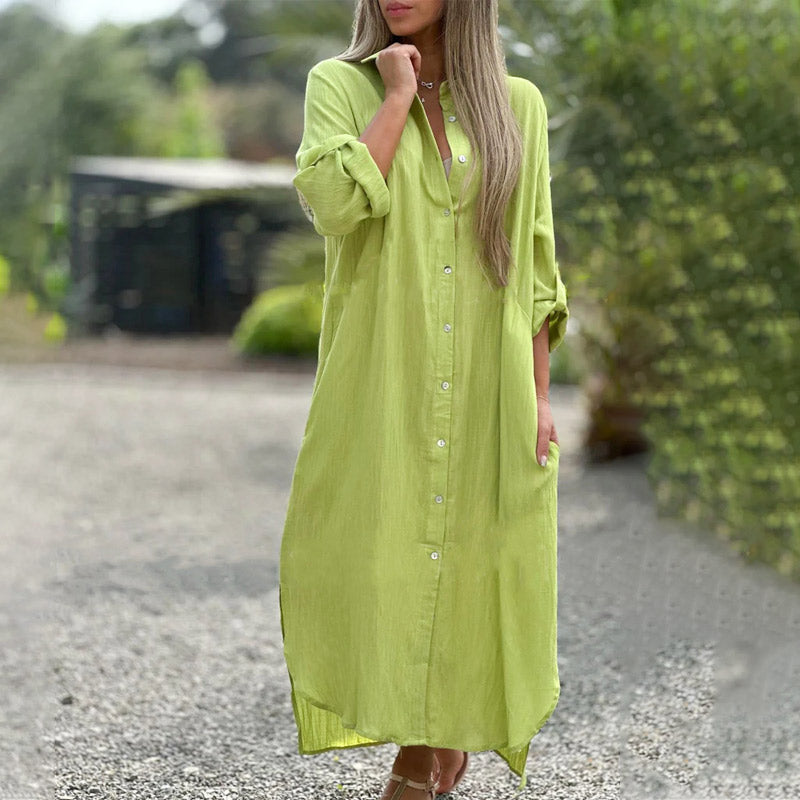 Beatrice Wyndclaire | White Linen Maxi Shirt Dress with Button-Down Front