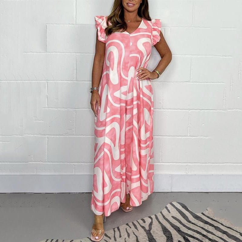 Celestine Vaubrienne | Abstract Print Wide-Leg Jumpsuit with Ruffle Cap Sleeves