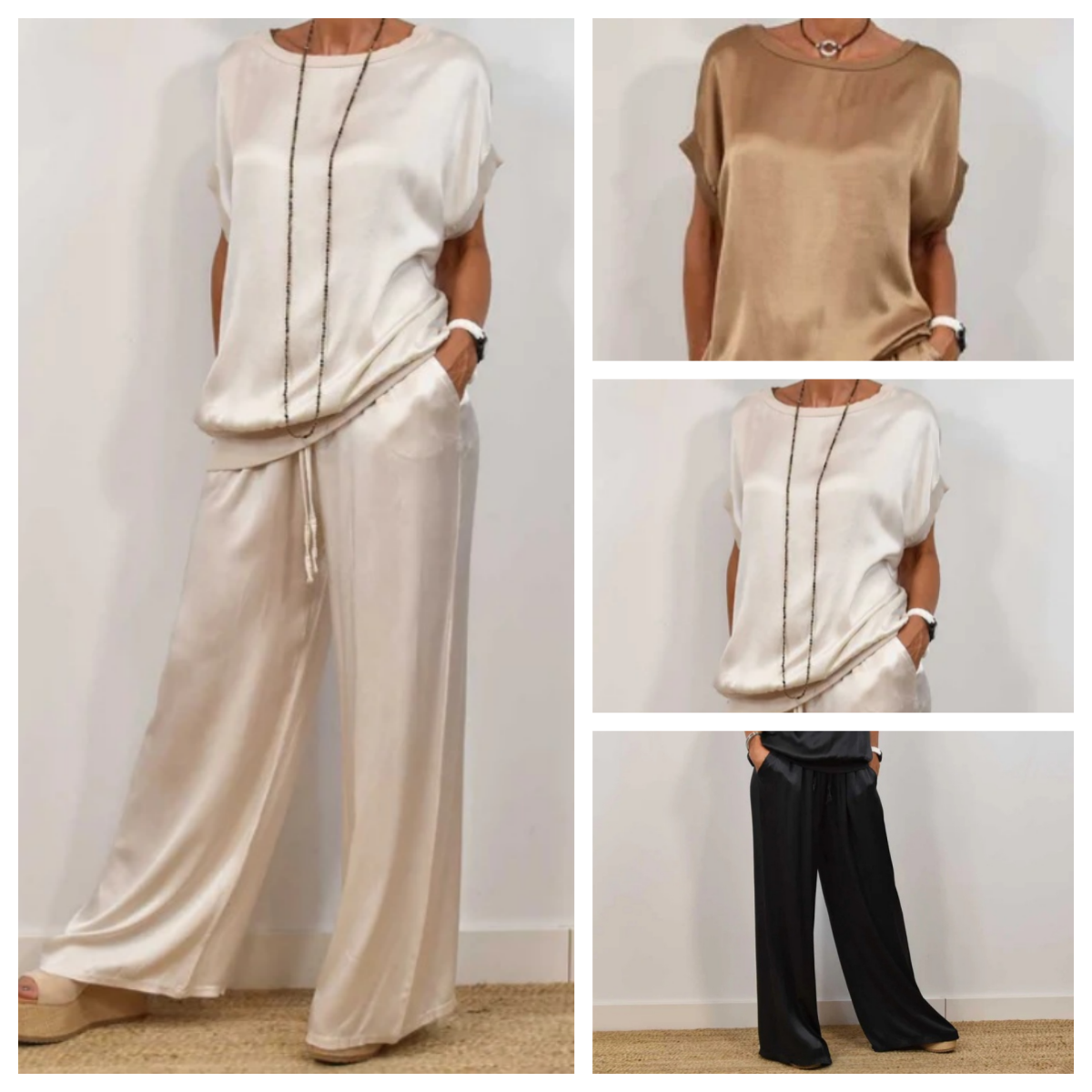 Celestine Beaupré | Satin Wide-Leg Two-Piece Set in Cream