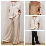Celestine Beaupré | Satin Wide-Leg Two-Piece Set in Cream