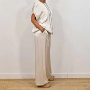 Celestine Beaupré | Satin Wide-Leg Two-Piece Set in Cream