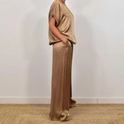 Celestine Beaupré | Satin Wide-Leg Two-Piece Set in Cream