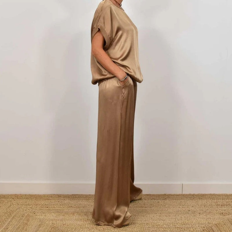 Celestine Beaupré | Satin Wide-Leg Two-Piece Set in Cream