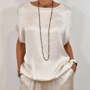 Celestine Beaupré | Satin Wide-Leg Two-Piece Set in Cream
