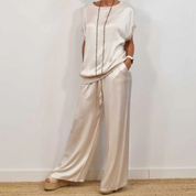 Celestine Beaupré | Satin Wide-Leg Two-Piece Set in Cream