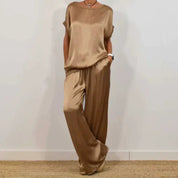 Celestine Beaupré | Satin Wide-Leg Two-Piece Set in Cream