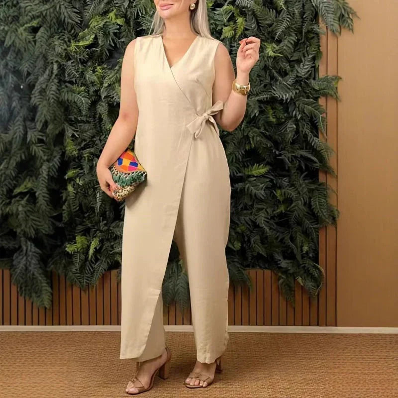 Celestine Marvaux | Coral Wrap V-Neck Sleeveless Wide Leg Jumpsuit