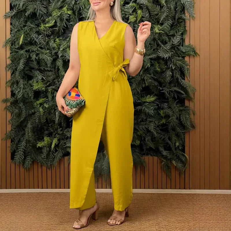 Celestine Marvaux | Coral Wrap V-Neck Sleeveless Wide Leg Jumpsuit