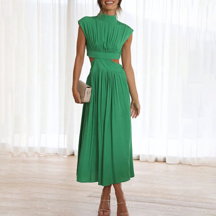Rosalinde Beauvaux | Green Cut-Out Midi Dress with Mock Neck