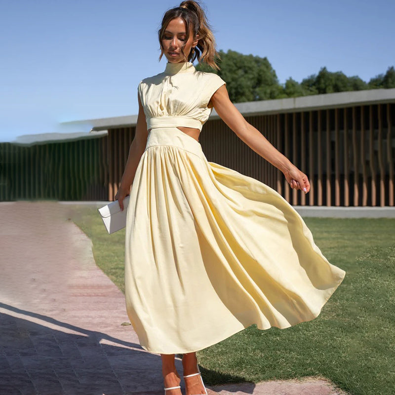 Rosalinde Beauvaux | Green Cut-Out Midi Dress with Mock Neck