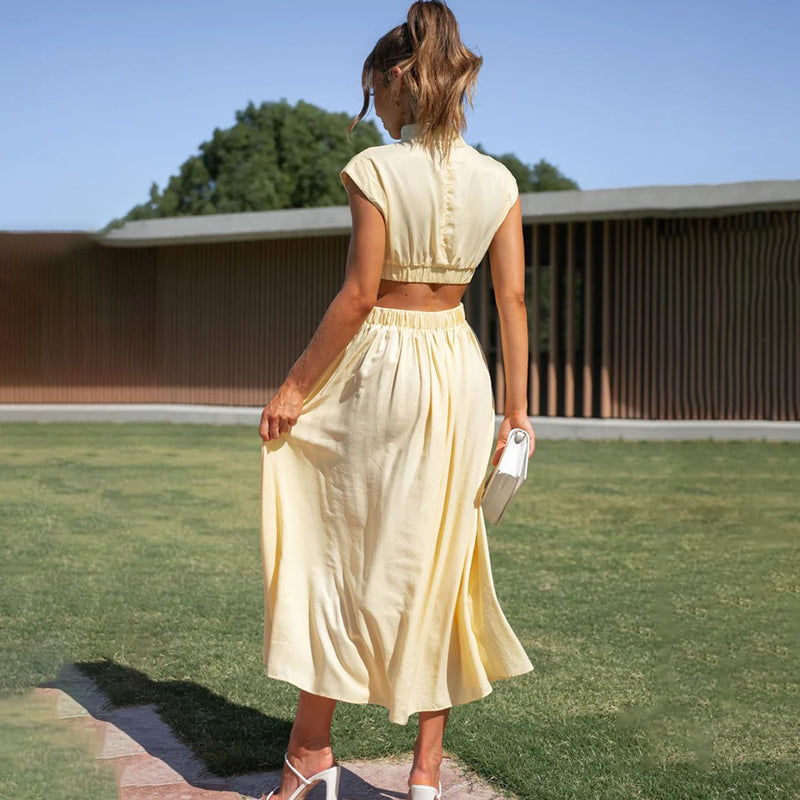 Rosalinde Beauvaux | Green Cut-Out Midi Dress with Mock Neck
