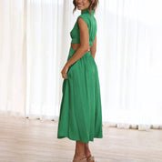 Rosalinde Beauvaux | Green Cut-Out Midi Dress with Mock Neck