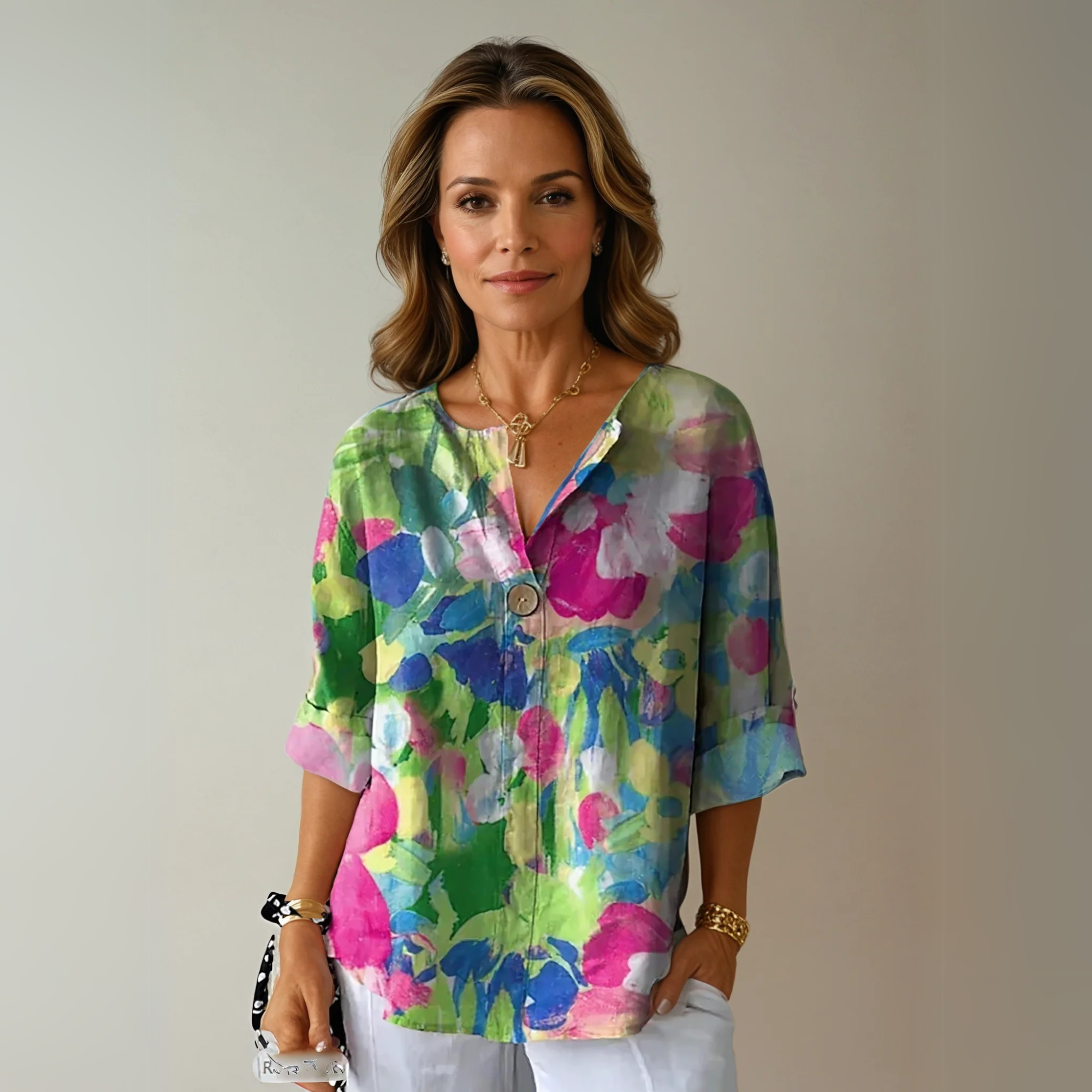 Francine Westerbrook | Floral Print V-Neck Blouse with 3/4 Sleeves