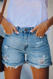 Camille Beausoleil | High-Rise Distressed Denim Shorts