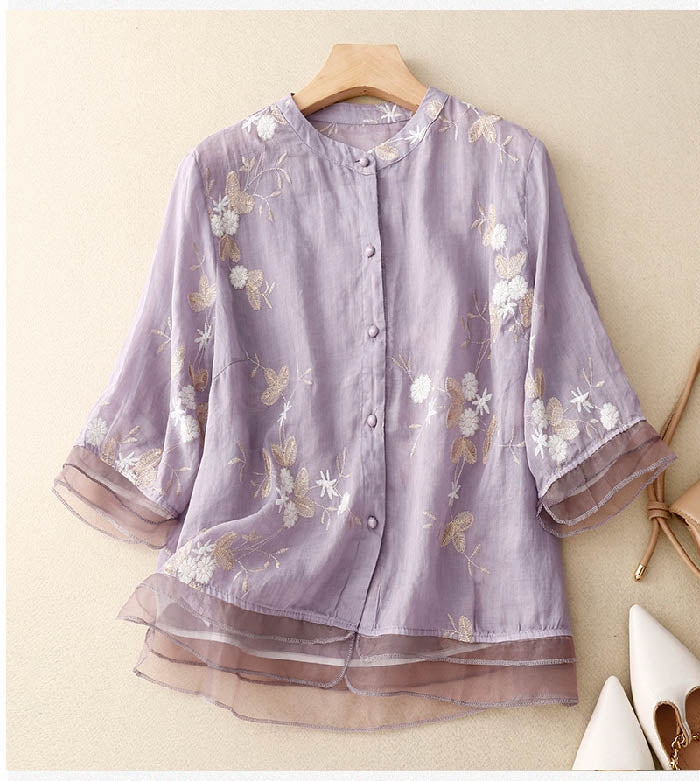 Emmeline Starcourt | Sage Green Floral Embroidered Blouse with 3/4 Sleeves