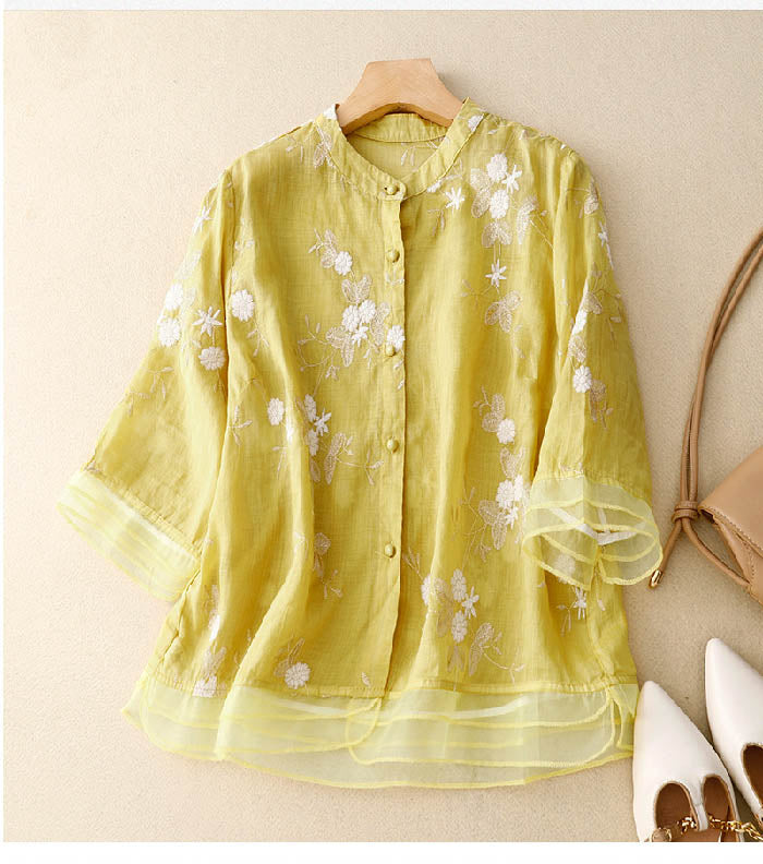Emmeline Starcourt | Sage Green Floral Embroidered Blouse with 3/4 Sleeves