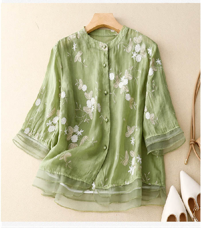 Emmeline Starcourt | Sage Green Floral Embroidered Blouse with 3/4 Sleeves