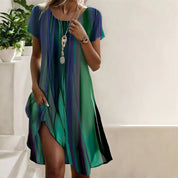 Elaina Fontcrest | Green Striped Short Sleeve Midi Dress