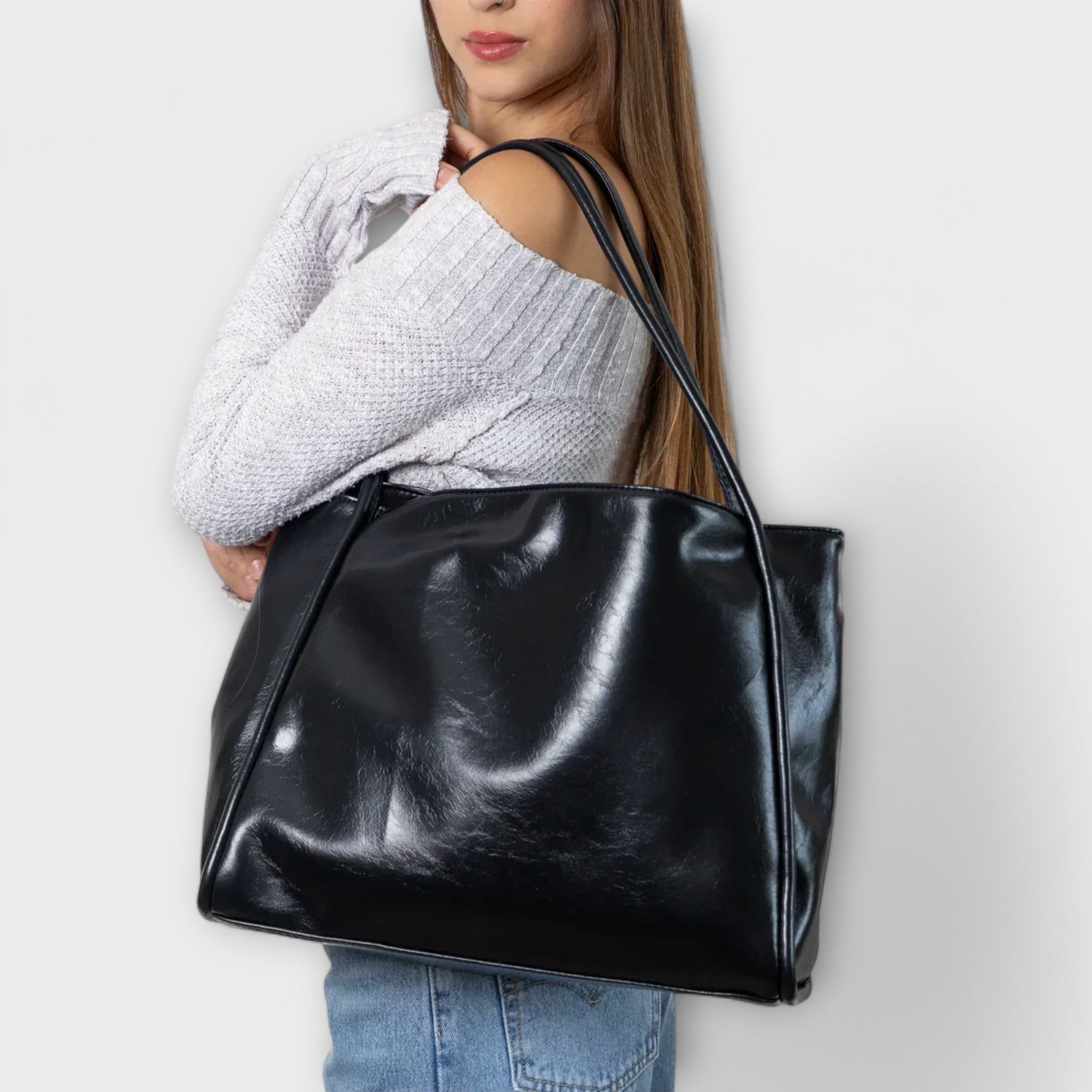 Eloise Marchetti | Black Faux Leather Oversized Tote Bag