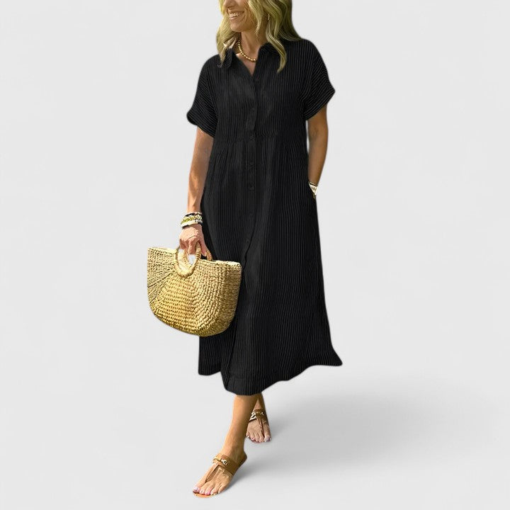 Clarisse Devonport | Blue Striped Linen Midi Shirt Dress