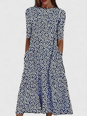 Auriane Delfortaine | Blue Floral Print Midi Dress with Short Sleeves