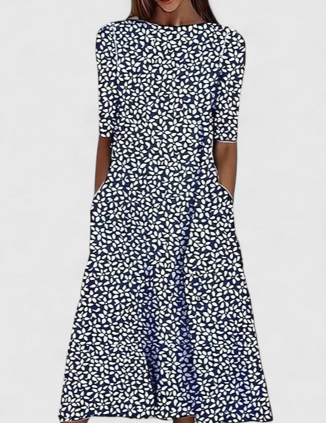 Auriane Delfortaine | Blue Floral Print Midi Dress with Short Sleeves